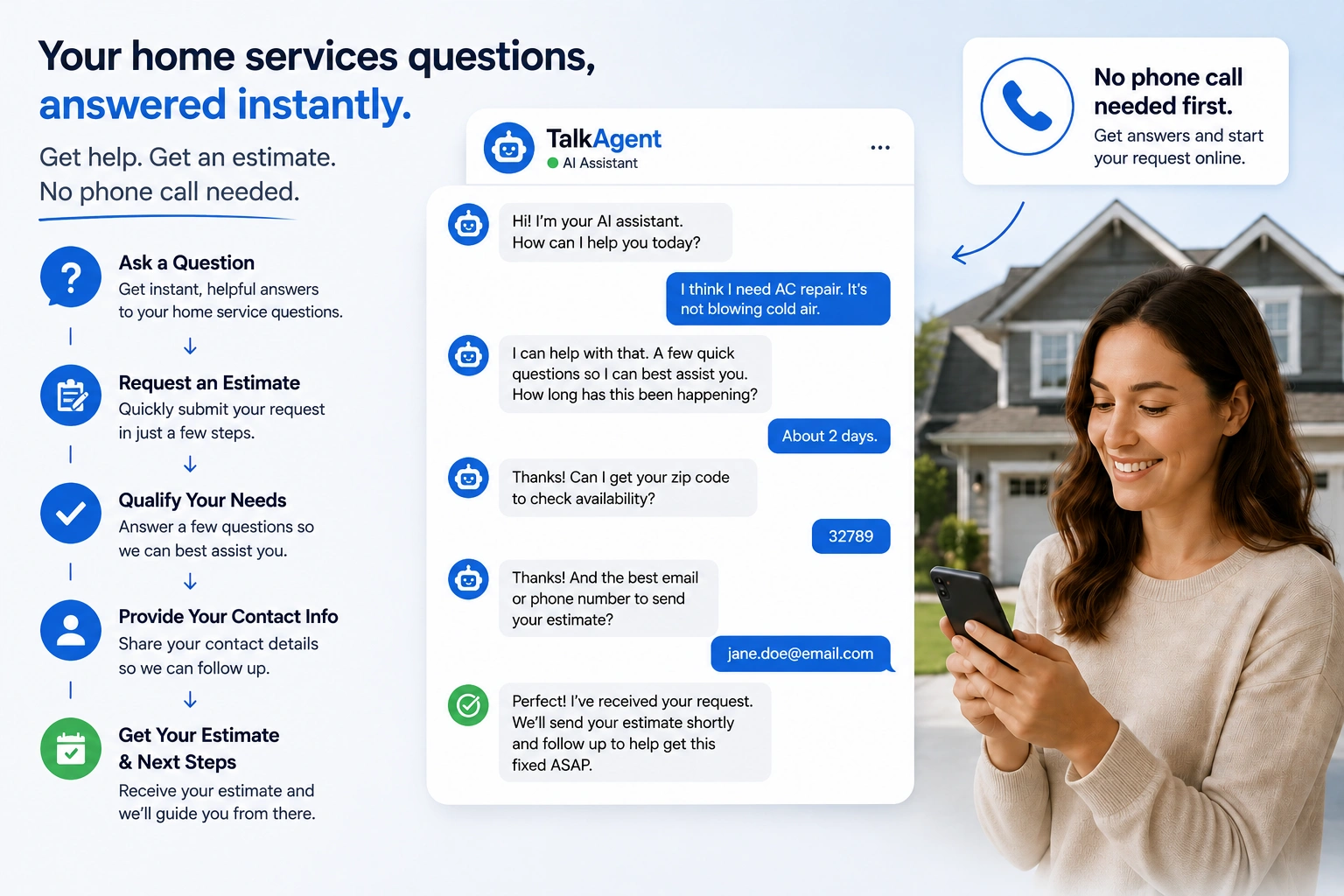 AI chat assistant helping a home service business capture website leads