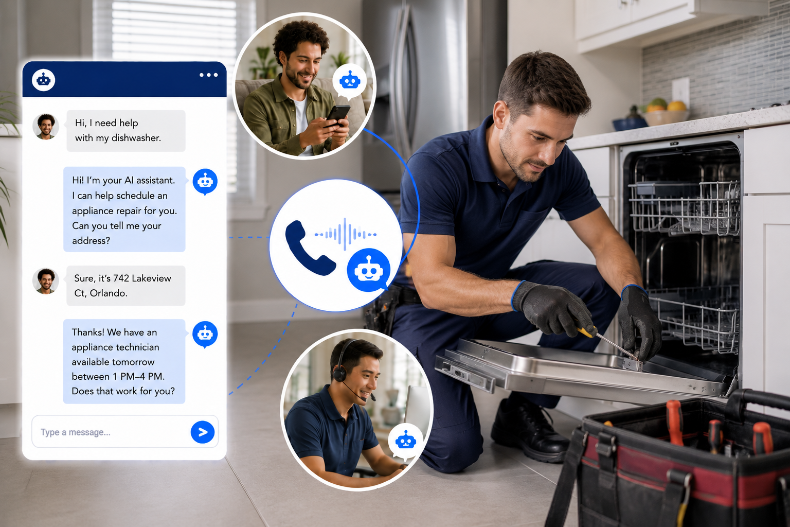 Appliance repair company supported by AI call answering automation